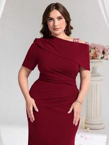 Coutiva Plus Size Women Rhinestone Decor Ruched Oblique Shoulder Short Sleeve Formal Evening Gown - Redwood - View 5