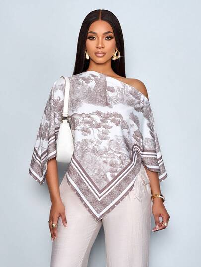 SOLERSUN قميص نسائي أنيق وكاجوال للخريف والشتاء، بطبعة المشمش، بياقة غير متماثلة، أكمام طويلة، حافة غير متماثلة، كتف مائل، أكمام منقسمة فضفاضة، طبعة غروب الشمس العتيقة، أكمام خفافيش، وصول جديد متعدد الاستخدامات، ملابس الخريف والشتاء، للارتداء اليومي والخروج