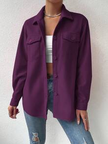SHEIN LUNE 女士纯色长袖单排扣休闲宽松外套 - 紫色 - 查看 5