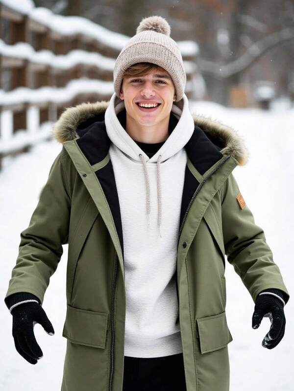 SHEIN Militärgrüne lange Kapuzenparka Jacke für Teenager-Jungen, lässiger College-Stil, bequem und modisch, vielseitig und praktisch, weiches Material, geeignet für den täglichen Gebrauch, Schule, Weihnachten, Ausflüge, Outdoor-Aktivitäten, Winter, Feiertage Jungen Wintermantel Jungen Lange Mäntel Teenager Jungen Jacken Jungen Kapuzenmantel Herren Mantel Herbst- und Winterkleidung Daunenjacke