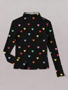 SHEIN EZwear Lässiges, süßes, bunter Herz-Muster Rüschen-Manschette & Kragen Schwarz Damen Große Größen T-Shirt, Herbst/Winter