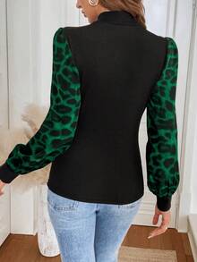 SHEIN LUNE Áo cánh cổ cao dệt kim tay bồng màu tương phản họa tiết da báo retro, thanh lịch, thường ngày khi đi làm, dành cho nữ, mùa thu/đông - màu xanh lá - Xem 2