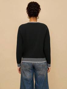 Travachic Plus Size Women Striped Contrast Color Casual Pullover Sweater With Lobster Graphic, Suitable For Holiday, Autumn/Winter - Black - View 2