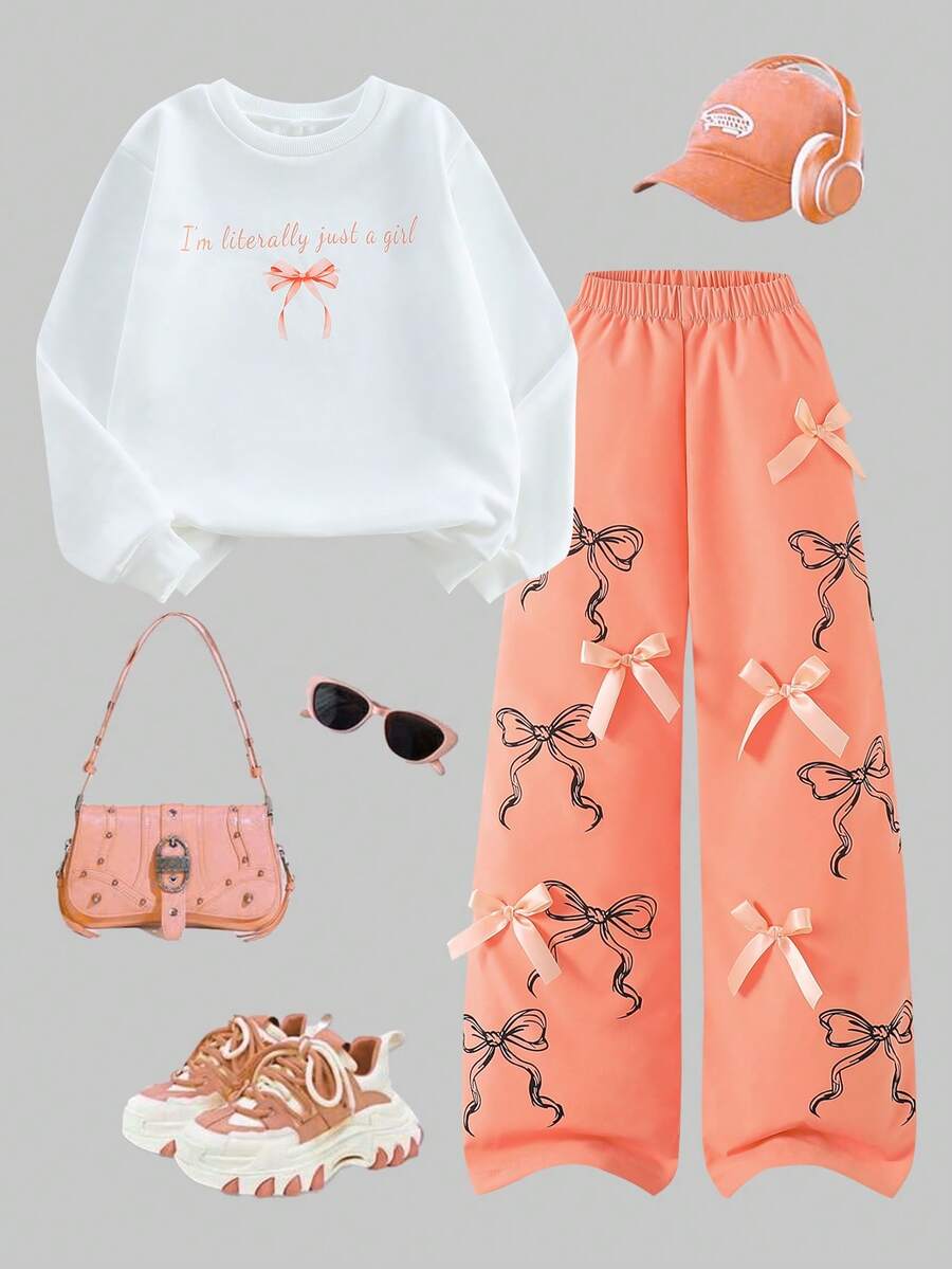 SHEIN Sparklyn Áo nỉ cổ tròn màu trắng in chữ và nơ màu hồng dễ thương cho bé gái 8-12 tuổi, kết hợp với quần cạp rút màu hồng, bộ 2 món - Màu Hồng  Dưa hấu - Xem 1