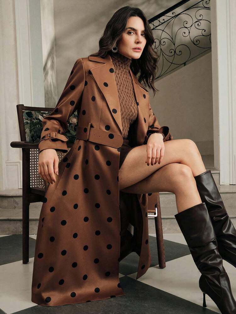 High Quality Fashionable Women's Vintage Minimalist Polka Dot Design Belted Trench Coat, Suitable For Fall, Winter, Spring, New Year, Party, Wedding, Elegant, Chic, Stylish, Christmas, Festival, Holiday
