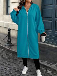 EMERY ROSE Plus Size Casual Letter Printed Hoodie Jacket, Autumn/Winter - Teal Blue - View 6