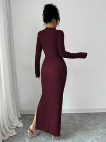 Gloray Plus Size Women Elegant Solid Color Slim Fit Hollow Out Split Hem Dress, Autumn - Burgundy - View 2