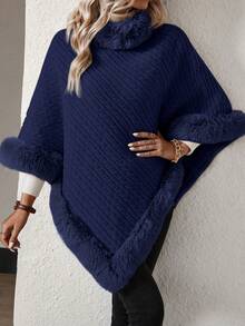 EMERY ROSE Women's Loose Solid Color Poncho Faux Fur Fashion Sweater, Autumn/Winter - Blue - View 6