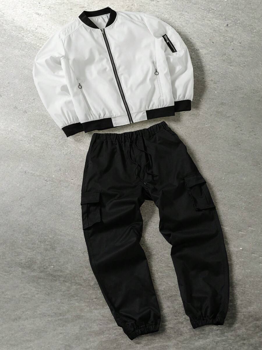 Manfinity Roghcode 男士撞色拉链棒球领夹克和工装裤休闲套装 男士科技风两件套 街头宽松裤配夹克 男士工装套装 Y2K 运动服 - 白色 - 查看 1