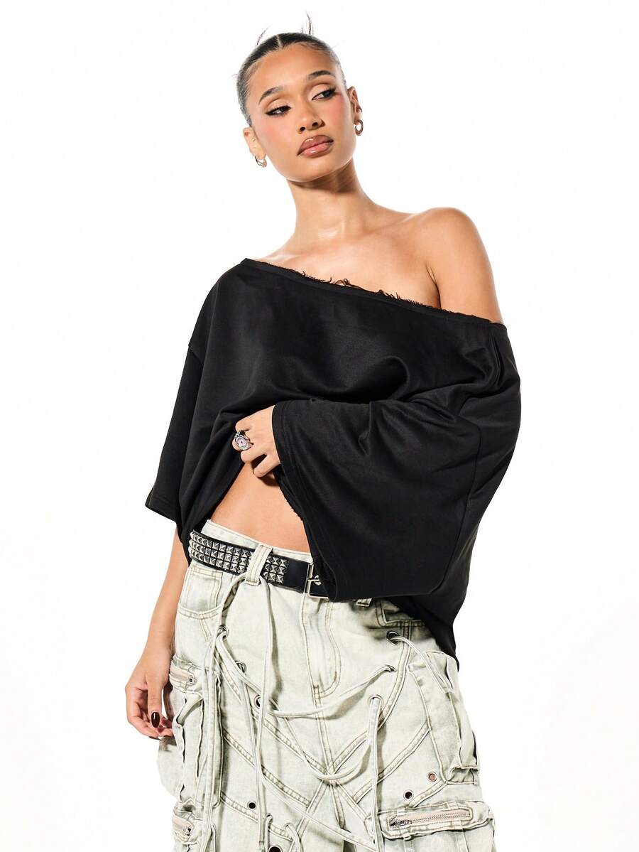 SUMWON 大码露肩长袖上衣，下摆饰有做旧细节，适合日常休闲穿着 - 黑色 - 查看 1