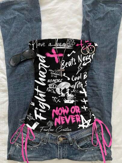 Attitoon 女士休闲抽绳系带短款吊带背心，复古/垃圾摇滚风格骷髅和涂鸦印花，适合 Y2K