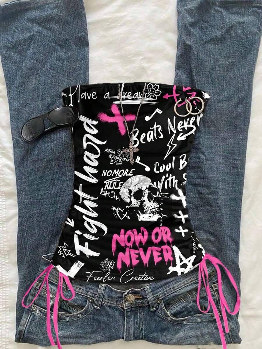 Attitoon Women's Casual Drawstring Tie-Front Cropped Camisole Top, Vintage/Grunge Style Skull & Graffiti Print, Suitable For Y2K - Multicolor - View 1