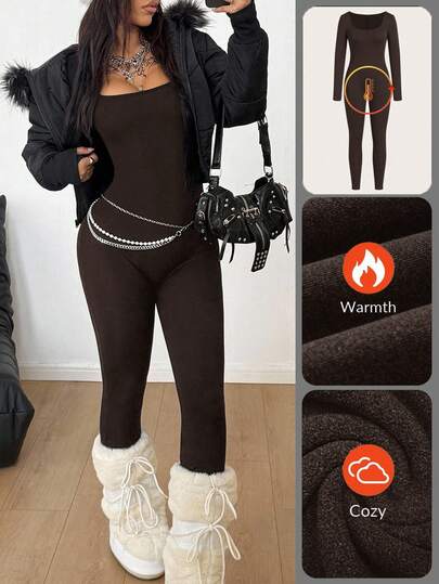 Coolane Mono térmico de manga larga con cuello cuadrado, ajuste delgado, cómodo y elástico, para uso en clima frío/cálido, ropa deportiva de invierno para mujer