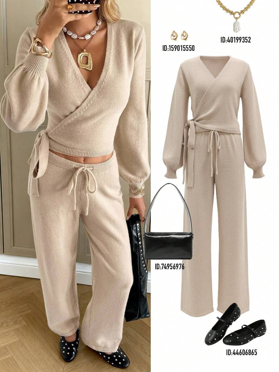 Siren Gaze 2pcs/Set Women Solid Color V-Neck Wrap Sweater With Puff Sleeves&Drawstring Waist Ribbed Knit Wide Leg Pants,Beige Autumn Casual Lounge Elegant Outfit - Apricot - View 1