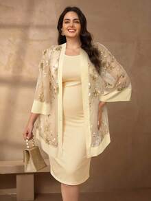 Chikora Bộ đồ 2 món cỡ lớn cho nữ, áo cardigan thêu màu trắng thanh lịch và chân váy maxi 2 mảnh, phù hợp mặc thường ngày, đi làm và đi chơi - Màu be - Xem 6