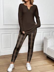 SHEIN LUNE 2件套女士格子撞色长袖T恤和修身打底裤，秋冬季 - 彩色 - 查看 5