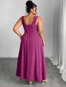 Elenzga Plus Size V-Neck Contrast Lace Spaghetti Strap Flared Hem Bodycon Dress With Slit - Purple - View 2