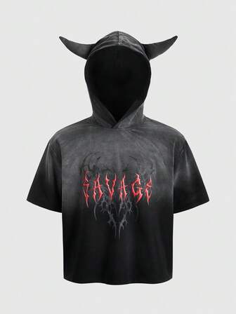 Street Life Camiseta con capucha de manga corta casual y personalizada con dos cuernos lavada para hombres