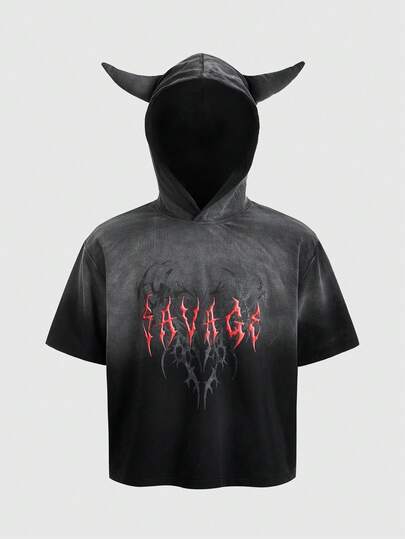 Street Life Men's Short Sleeve Gothic Dark Personalized Two-Horn Washed Hoodie T-Shirt