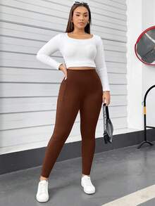 SHEIN Essnce Plus Size Women's Spring And Summer Fashion Casual Comfortable Daily High Elastic Black Slim Fit With Pocket Leggings,Spring,Women Bottom,Airport For Women,Curve Pants,Streetwear For Women,Going Out - Coffee Brown - View 4