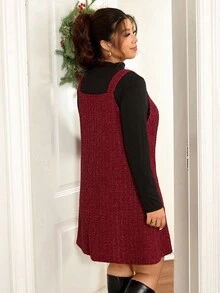 Lounesse 2pcs/Set Plus Size Women Casual Fitted Long Sleeve Red Top And Dress, Autumn Red Vest Dress Sweater Vest For Women