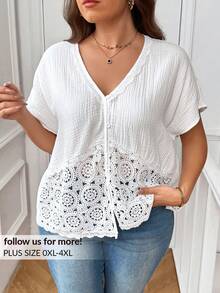 SHEIN Frenchy Plus Size Vacation Casual Solid Color Contrast Lace Bating Sleeve Blouse,Teacher For Women - White - View 1