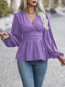 SHEIN LUNE Solid Color V-Neck Long Sleeve Ruched Simple Casual Shirt Peplum Top - Purple - View 4