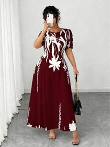 Elenzga Plus Size Women Elegant A-Line Waist Cinched Midi Dress, Flattering For Everyday & Commute - Burgundy - View 4
