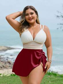 Swim Lushoire Bộ đồ bơi 2 mảnh họa tiết chắp vá ba màu cỡ lớn dành cho nữ kèm quần bơi - Nhiều màu - Xem 3