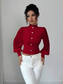 Elenzga Suéter de cuello alto con botones de perla beige, estilo vintage de palacio, elegante, de manga farol, de gasa crema con parches, para otoño/invierno - Rojo - Ver 5