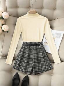 Franclia 优雅女士黑色针织高领紧身衣搭配复古格子修身短裙，配黑色腰带，两件套，秋季 - 米色 - 查看 2