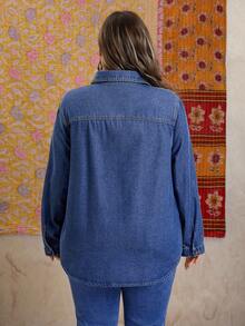 EMERY ROSE Plus Size Women Casual Embroidered Denim Blouse - Medium Wash - View 2