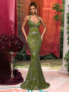 Glamrae 独特时尚不对称功能性裹胸领口鱼骨透视塑身衣，可调节系带后背荷叶边下摆，串珠刺绣美人鱼裙摆，适合晚宴、晚会、商务活动、婚礼宾客等场合的女士晚礼服、正式礼服、连衣裙 - 墨綠色 - 查看 6