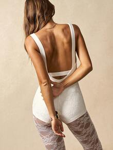 VARSIVA 女式性感撞色蕾丝镂空运动连体裤，夏季 - 白色 - 查看 9