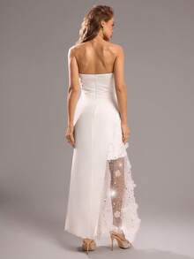 Elenzga Women's Elegant Contrast Mesh Applique Ruched Dress, Summer - White - View 2