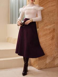 Modelyn Váy dài xòe thanh lịch bằng da lộn giả màu trơn dành cho nữ - Màu Đỏ Sâu - Xem 7