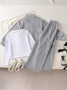 Genkimix Kids Bộ 3 món/Bộ áo khoác dài tay in chữ thoải mái cho bé gái tuổi teen + áo thun cổ tròn dài tay + quần dài, chất vải mềm mại và thoải mái, thích hợp mặc hàng ngày ở trường, tiệc tùng, đi nghỉ, mua sắm, v.v. - Xám - Xem 2