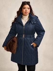 Zelara Quilted Padded Coat With Metal Belt, Plus Size Hooded Coat In Fall/Winter - Navy Blue - View 9