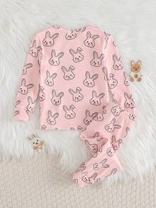 Cozy Pixies 女婴卡通兔子印花针织柔软圆领长袖上衣和松紧腰长裤两件套贴身睡衣套装 - 粉色 - 查看 2