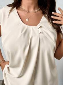 Firerie Plus Size Women Minimalist Elegant Commute Solid Color Covered Sleeve Pleated Round Neck Fitted Short Sleeve Blouse - Apricot - View 10