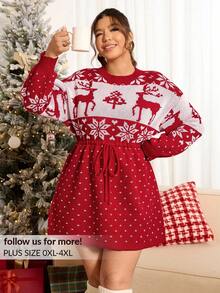 Lounesse Rochie roșie de Crăciun pentru femei plus size, rochie casual lejeră de zi cu zi, rochie roșie pentru femei, haine de toamnă și iarnă pentru femei - Multicolor - Vizualizare 1