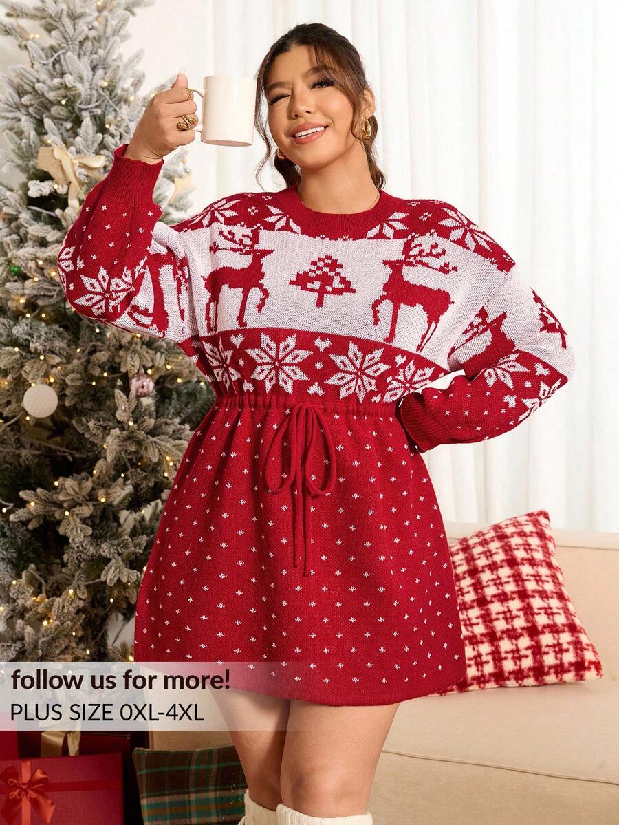 Lounesse Rochie roșie de Crăciun pentru femei plus size, rochie casual lejeră de zi cu zi, rochie roșie pentru femei, haine de toamnă și iarnă pentru femei - Multicolor - Vizualizare 1