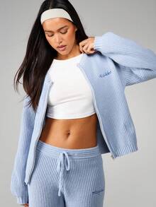 MISSGUIDED Conjunto a juego de cardigan con cremallera de punto acanalado y pantalones de pierna ancha para otoño e invierno - Azul - Ver 3