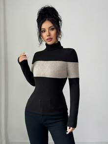 SHEIN Elenzya Camiseta de cuello alto de manga larga y ajustada con contraste de colores para mujer - Negro - Ver 1