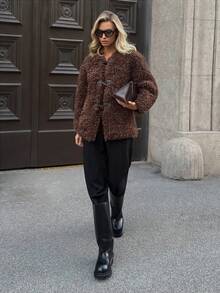 Ontre Women's Coffee Brown Faux Fur Collar Long Sleeve Jacket,Winter Street Style Everyday Front Button Office Wear Old Money Style Vintage High-End Jacket - Coffee Brown - View 8