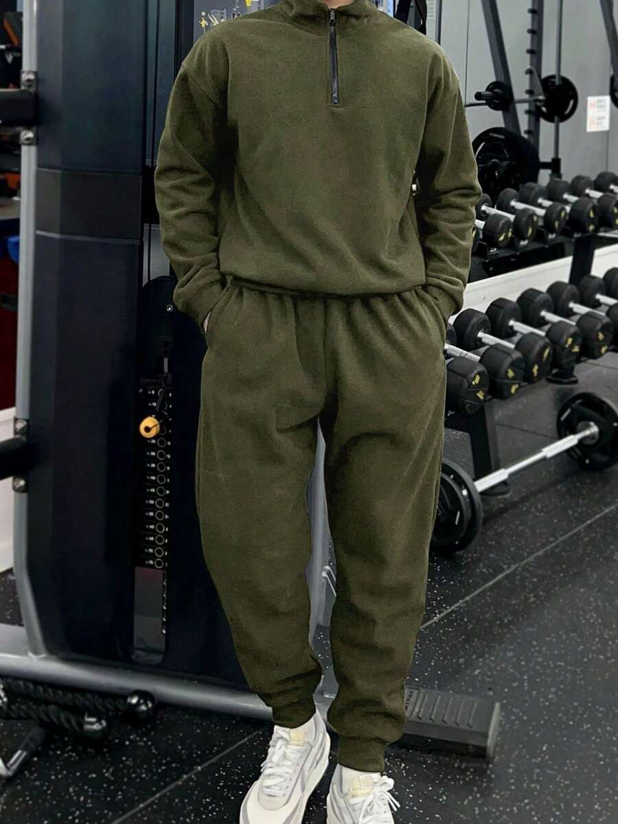 Manfinity Homme Men's Solid Color Zip-Up Half Placket Long Sleeve Sweatshirt And Pants Casual 2 Pieces Set, Autumn/Winter Sweatpants Sets Jogging Outfits Jogger Sets For Men Men 2 Pieces Sweat Suit Gym Clothes - Army Green - View 1
