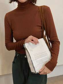 DAZY Blusa feminina de gola alta e manga comprida, ideal para usar em camadas no outono/inverno. - Ferrugem Marrom - Ver 8