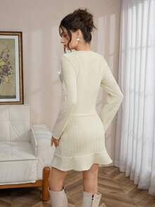 SHEIN LUNE 女士秋冬水钻纽扣厚针织长袖夹克和迷你裙套装，优雅百搭，适合派对、休闲聚会 - 黃色 - 查看 2