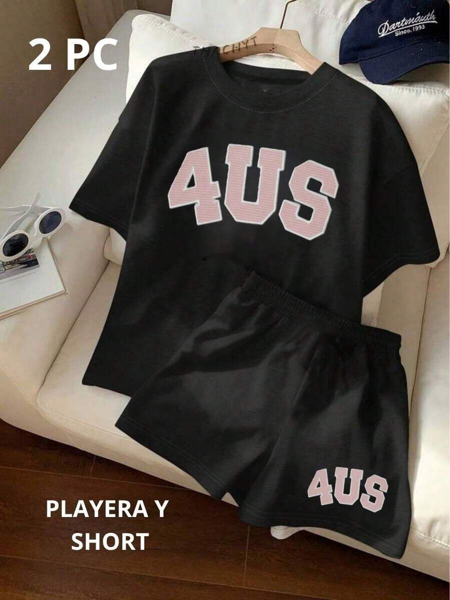 Mujer conjunto casual deportivo con letras estampadas tejido suave fit holgado cuello redondo manga corta primavera verano uso diario playera y short - Negro - Ver 1