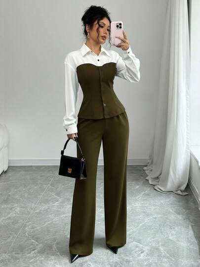 Rafferiza 2pcs/Set Contrast Color Block Slim Fit Shirt And Pants